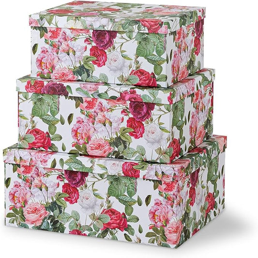Soul & Lane Decorative Cardboard Storage Boxes with Lids for Home Decor and Organization, Set of 3 Large Keepsake Boxes for Memories & Gifts, Nesting Floral Photo Storage Containers, Rose Romance