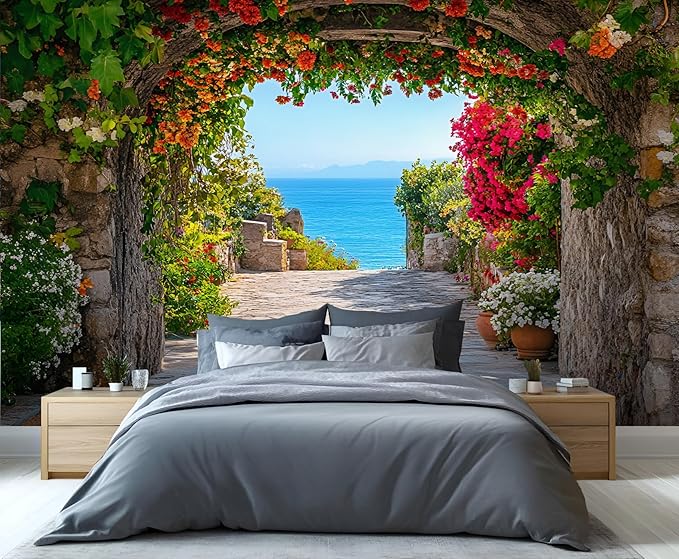 Mediterranean Arch Seaside Wall Mural, Flower Tunnel Ocean View 3D Wall Murals, Greek Island Style Wallpaper Mural, for Living Room Bedroom Large Wallpaper Indoor Decor 157.5" W x110.3 H