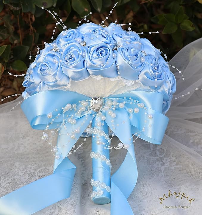 Bridal Wedding Bouquet Round Bling Brooch Bouquet Throw Toss Artificial Rose Flower Bunch for Bride Bridesmaid Wedding Quinceanera(Light Blue, 9.8")