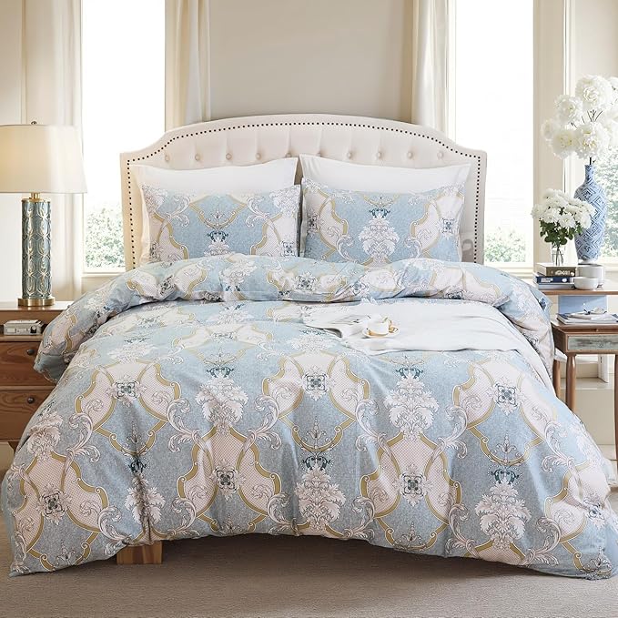 100% Natural Cotton Duvet Cover Set King 3 Pcs Grayish Blue Duvet Cover with Luxurious Damask Pattern, Reversible Breathable Soft Comforter Cover Sets with Zipper Closure All Season
