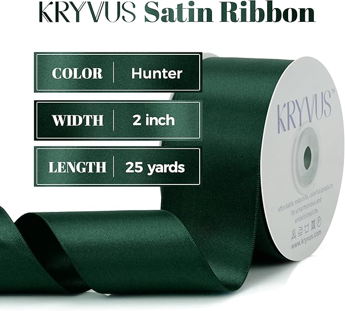 Hunter Green Satin Ribbon, Double Faced 2 Inch X 25 Yards Hunter Green Ribbon, Premium Satin Ribbon for Gift Wrapping, Crafts, Hair Bow Making, Sewing, Flower Bouquet, Wedding Party Decor