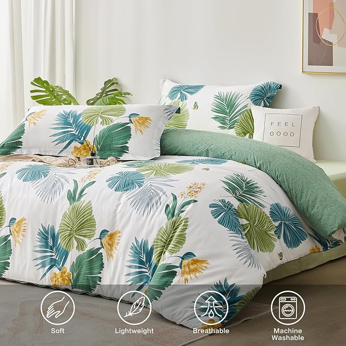 SAPHREAS Tropical Palm Leaves Full Size Duvet Cover Set 3pcs Botanical Monstera Leaf Bedding Comforter Cover Set 1 Duvet Cover 2 Pillow Shams, Comforter Not Included