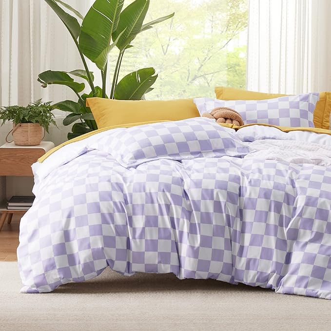 Bedsure Duvet Cover Twin Size - Reversible Checkered Duvet Cover Set with Zipper Closure, 2 Pieces Purple Bedding Set with 8 Corner Ties and 1 Pillow Sham 20"x26"