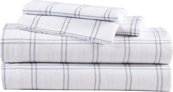 Eddie Bauer - Flannel Sheets Full Size, Anti-Pilling & Wrinkle Resistant Cotton, Touchably Soft for All-Season Comfort - Bed Sheets with Matching Pillowcases & Fitted Sheet (Westridge Plaid Blue)