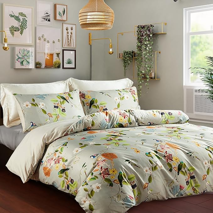 mixinni Garden Style Floral Birds 3 Pieces Duvet Cover King Size Green Leaves Pattern Printed Soft Cotton Comforter Cover with 2 Pillowcases with Zipper Closure for Him and Her-(3pcs, King Size)