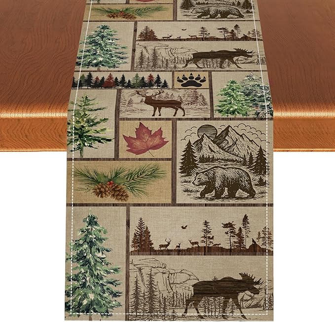 Rustic Cabin Table Runner, Farmhouse Deer Bear Retro Pine Forest Wooden Plank Wild Animal Seasonal Coffee Table Center Decor for Home Kitchen Dining Patio Holiday Party Table Decorations 13x72 inches