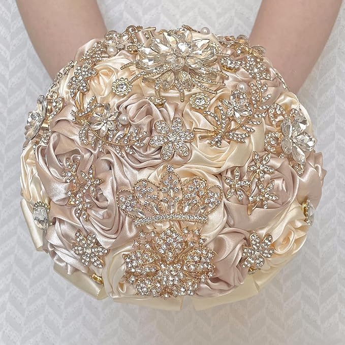 Handmade Satin Rose Floral Bling Pearl Decor Bridal Wedding Bouquet Rhinestone Pendant Artificial Brooch Flowers for Bride Bridesmaid Quinceanera