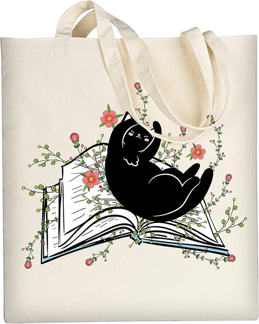AUSVKAI Cute Book Canvas Tote Bag Aesthetic For Women Grocery Bag Cotton Beach Totes Gift-Black Cat Book