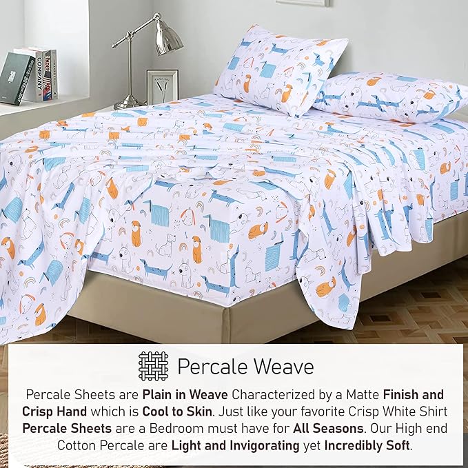 RUVANTI 100% Cotton Twin XL Sheet Sets, 3 Pieces, Soft & Breathable Percale Weave Bedding, Deep Pocket 16", Hotel Standard, Crisp Cool Feel, Durable, Perfect Size Floral Sheets, Puppy Me