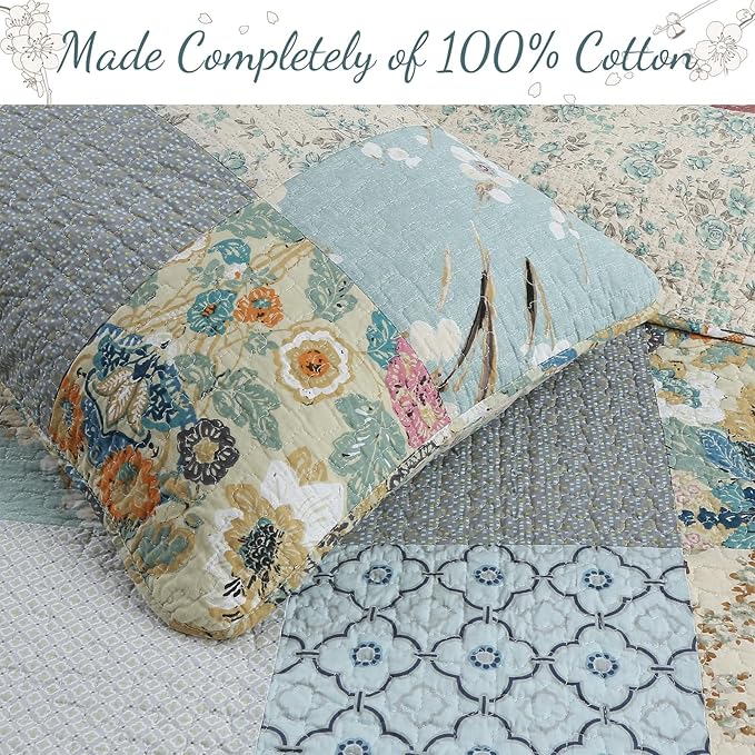 Cozy Line Home Fashions 100% Cotton Classic Patchwork Bedding Quilt Set, Blue Gray Teal Taupe Bohemian Style Reversible Bedspread Coverlet (Carolina Bloom, Queen - 3 Piece)