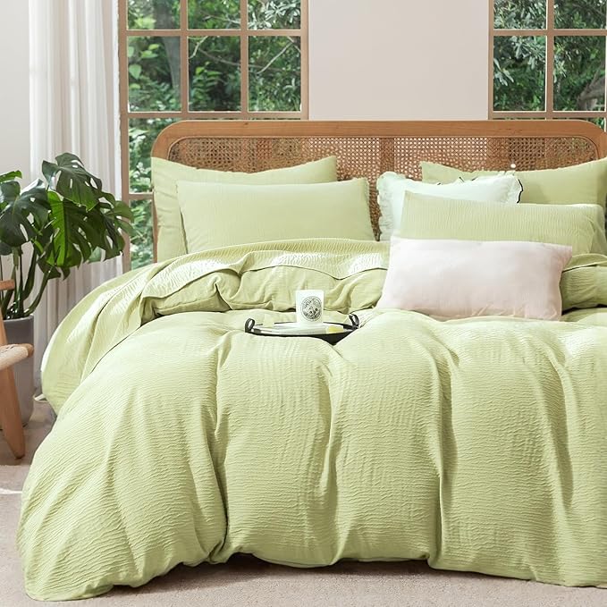 Queen Size Duvet Cover Desert Sage, Luxury Soft Microfiber Double-Layer Crinkle Gauze Sage Duvet Cover, 3 Pieces Bedding for All-Season, Breathable with Zipper Closure