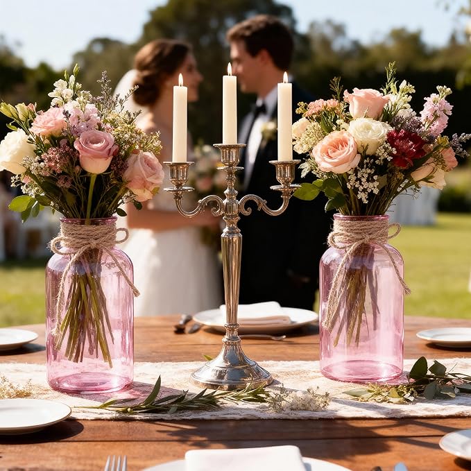 Vintage Glass Flower Vase，12 Pack Pink Farmhouse Glass Centerpiece Vases Mason Jars for Weddings, Parties & Home Decor Bulk (12, Pink)