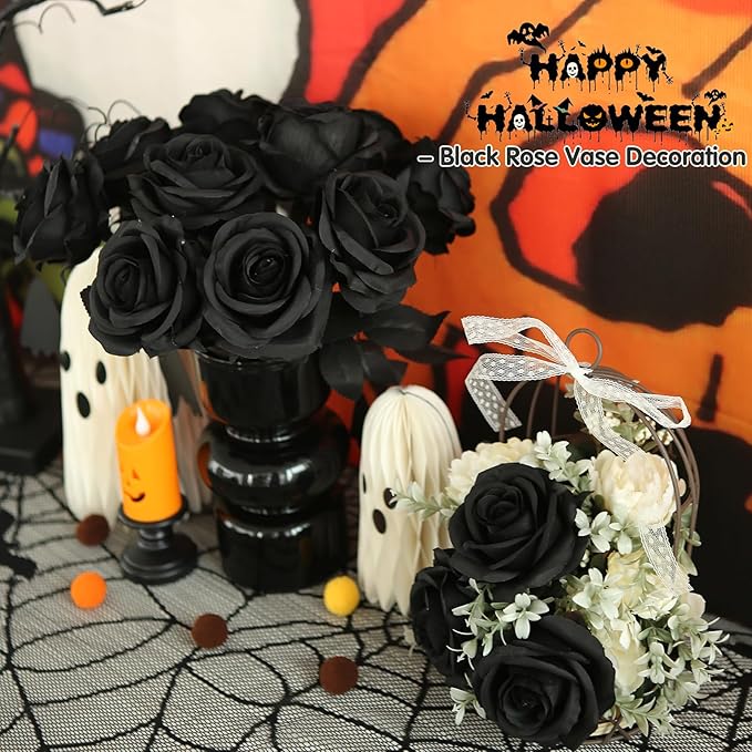 Felice Arts 12 Pack Black Roses Artificial Flowers with Black Stems Silk Roses Fake Flowers Bouquet for Halloween Centerpiece Table Vase Home Inddor Kitchen Party DIY Decor