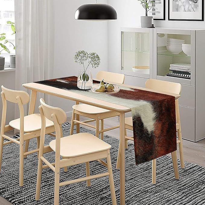 Cow Skin Print Table Runner, Rustic Country Farmhouse Animal Fur Skin Western Farm Black Brown Cowhide Print Dinner Runner Table Decoration for Home Kitchen Dining 13x60in