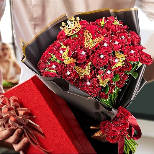 Woohome 152 PCS Flower Bouquet Wrapping Paper Floral Wrap Sheets Gift Packaging Paper with 3D Butterflies Diamond Pins Ribbons for Wedding Valentines Florist Supplies, Black