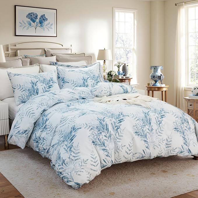 100% Cotton Duvet Cover King Size 3 Pieces, Blue Leaf Duvet Cover with Zipper Closure, Soft Floral Bedding Set White and Blue for All Season, Breathable, Ultra Soft