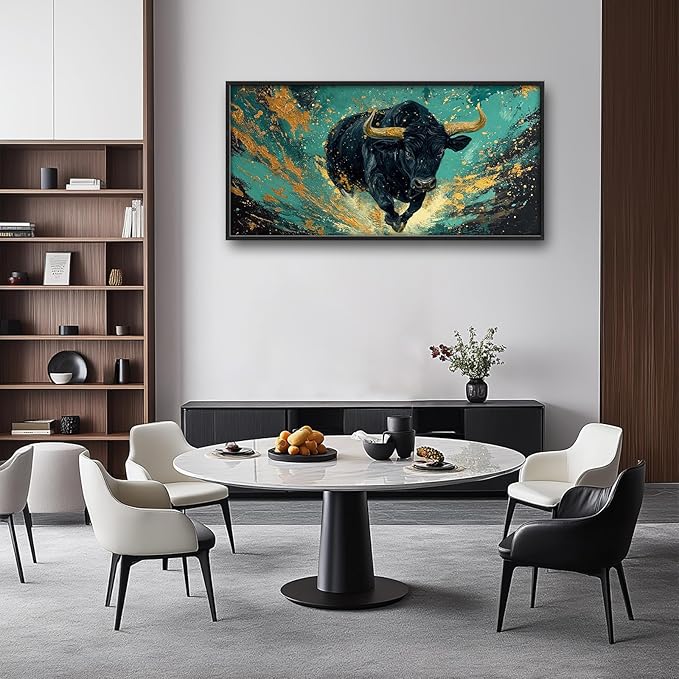 Large Highland Cow Wall Art for Living Room, Framed Oversized Bison Buffalo Wall Decor, Teal and Gold Canvas Painting Modern Artwork for Living Room Bedroom Office Dining Room 60"x30"
