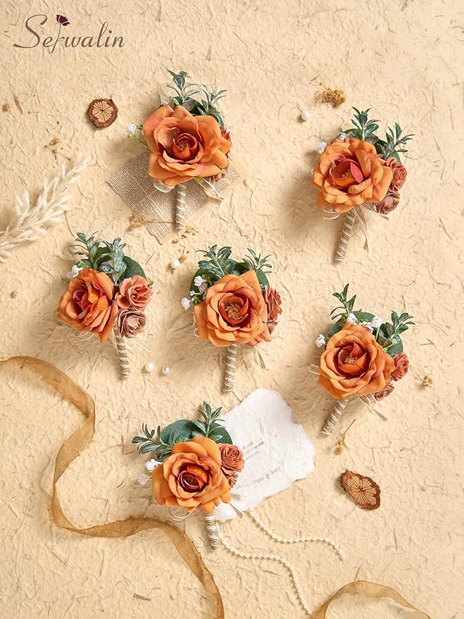 Serwalin 6PCS Orange Rose Boutonniere for Men Wedding Groom Groomsmen Best Man Boutonniere for Wedding Ceremony Anniversary Prom Flowers Formal Dinner Party, Orange