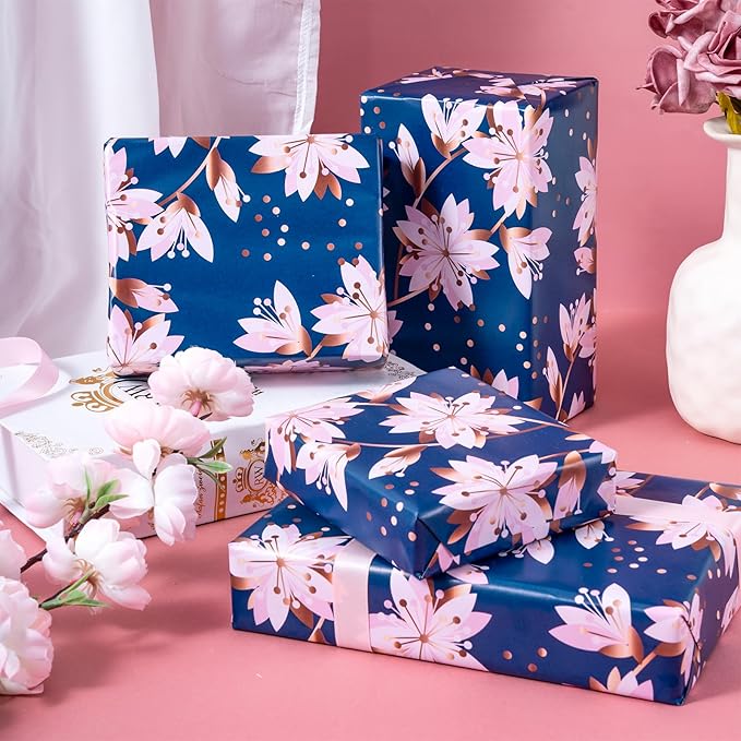 LeZakaa Floral Wrapping Paper Roll, Pink Sakura Blossoms Design for Wedding, Bridal Shower, Anniversary, Mother's Day, Birthday, Spring Holiday, Mini Roll, 17 In x 32.8 Ft