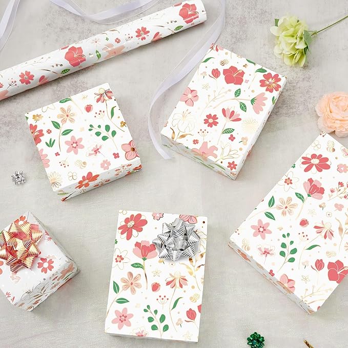 WERNNSAI Pink Floral Wrapping Paper - 1 Roll 17”x 33 ft Vintage Daisy Flower Gift Wrapping Bridal Shower Wrapping Paper for Kids Birthday Wedding Party Baby Shower Supply Reversible Metallic Foil Dots Design