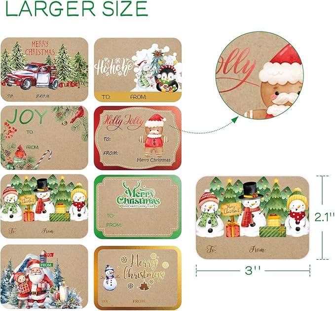 Jumbo Christmas Name Tags Stickers 120 Pack/8 Designs -Gift Tag with Reflective Metallic Foil for Christmas Presents (Vintage Brown)