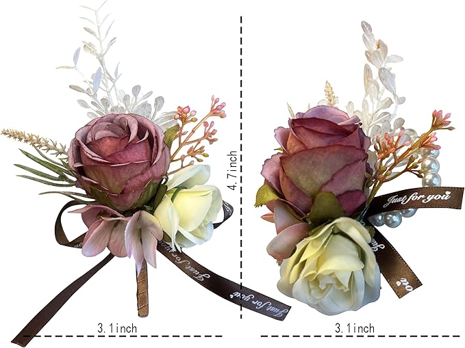 Corsage and Boutonniere Set Corsage Wistlet Dusty Red Corsage Wrist Artificial Flower Perfert for Proms | Weddings for Bride,Bridesmaids, Groom,Groomsmen Decor (Dusty Red)