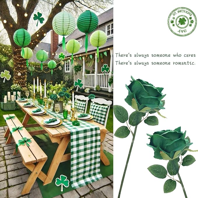 Felice Arts 12 Pack Green Artificial Roses Emerald Green Flowers with Stems Silk Roses Fake Flowers Bouquet for Christmas St Patricks Day Wedding Centerpiece Table Vase Home Kitchen Party DIY Decor