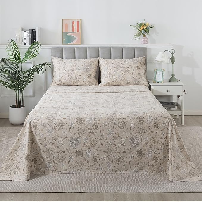 FADFAY Light Khaki Vintage Hydrangea Floral Queen Size Sheets Set 100% Brushed Cotton Shabby Peony Pattern Bedding Set Deep Pocket Sheets with 2 Pillowcases Luxury Daisy Breathable Soft 4pcs, Queen