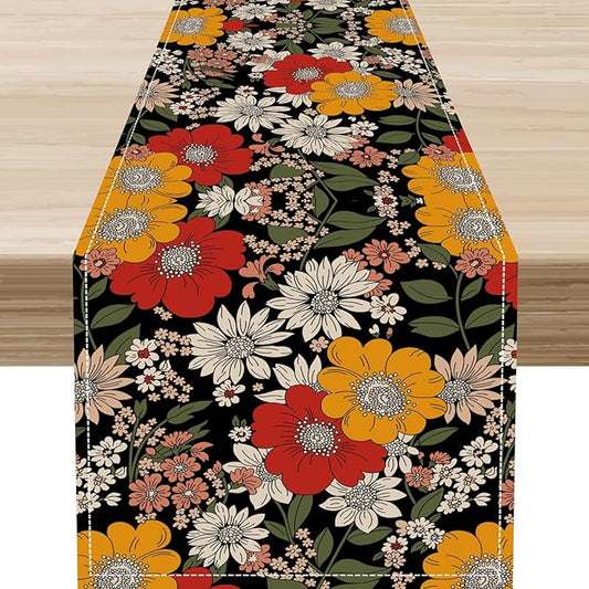 Boho Floral Table Runner, Colorful Vintage Flower Bohemian Floral Print Table Decor for Home Kitchen Dining Patio Holiday Party Indoor Outdoor Table Decorations 13x108 inch