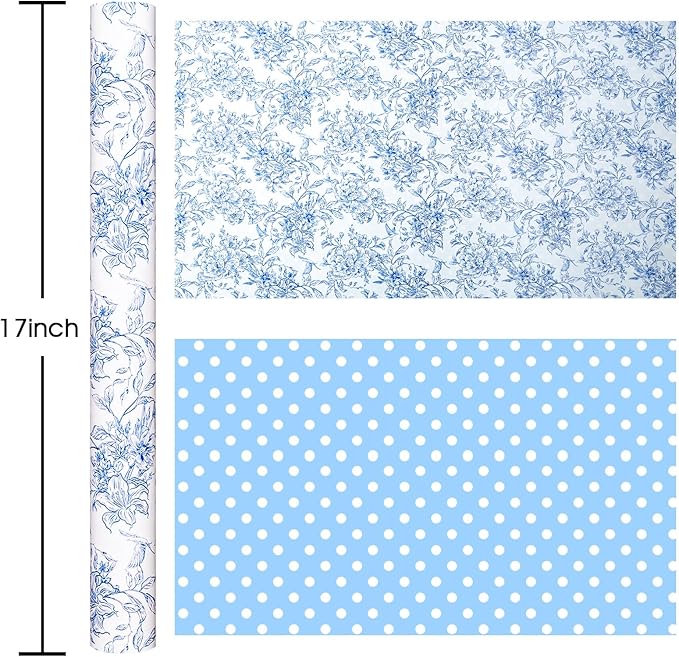 Burymento Blue and White Porcelain Flower Wrapping Paper, Reversible Blue Dot Design Gift Wrap for Baby Shower, Birthday, Valentines, Mothers day, Graduation, Wedding, Fathers day, Christmas (17 Inch X 32.8 Feet)