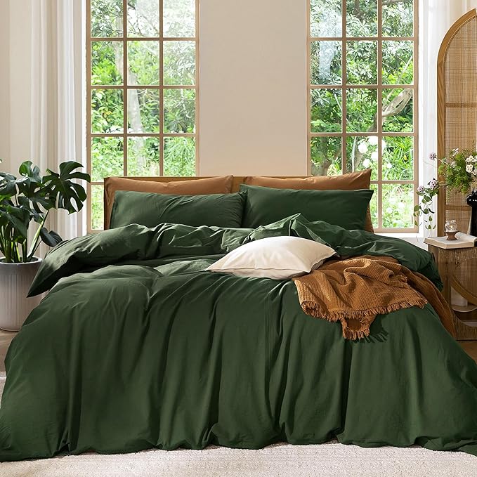 MooMee Bedding Duvet Cover Set 100% Washed Cotton Linen Like Textured Breathable Durable Soft Comfy (Solid Forest Green, Cal King 104"x98")