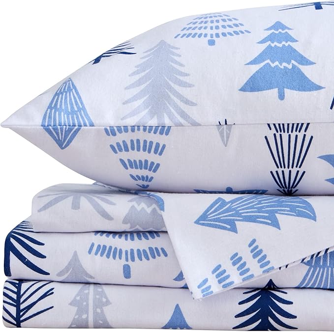 Market & Place 100% Turkish Cotton Flannel Sheet Set | 4 Piece Deep Pocket Novelty Cozy Winter Bed Sheets | Double Brushed for Extra Softness & Comfort | Alpine Collection (King, Blue Forest)