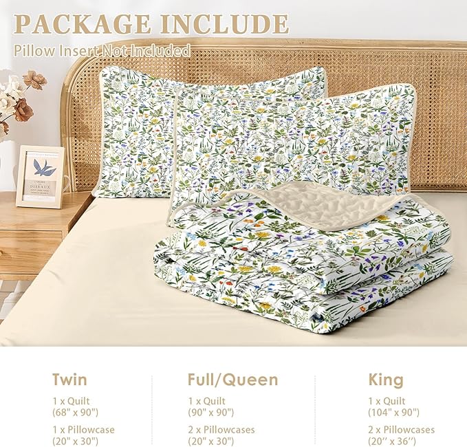 Quilt Set Full/Queen Size, Garden Floral 3 Pcs Soft Bed Cover Bedding Set, Country Rustic Farmhouse Lightweight Bedspread Coverlet with 2 Pillow Sham for All Season