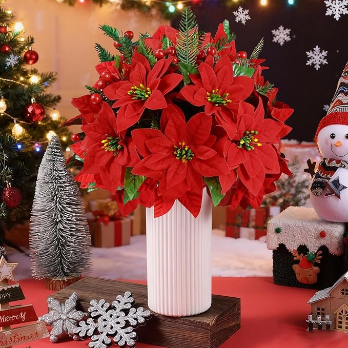 Poinsettia Christmas Decorations 6 Pack 7 Heads Artificial Poinsettia Flowers Bouquet 14 Inch Velvet Poinsettia Picks With Red Berry Stems Holly Leaves for Christmas Tree Vase Porch Home Garden Decor