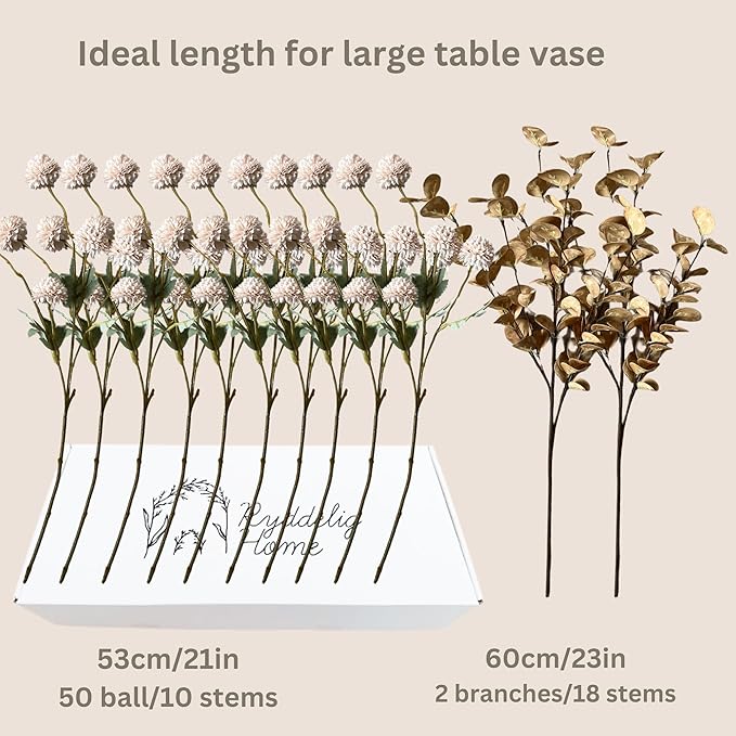 Beige Fake Flowers Silk 10 Mum Stems Eucalyptus Arrangement, Faux Flowers For Vase, Artificial Mums, Mini Floral Long Stem, Tan Nude Cream Neutral Floral, Chrysanthemum Pom Pom Floral Arrangement