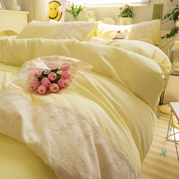 LifeTB Yellow Gingham Duvet Cover Twin XL 3 Pieces Romantic Lace Comforter Cover Super Soft Cream Yellow Grid Duvet Cover Farmhouse Plaid Checkered Comforter Cover Grid Gingham Bedding Set