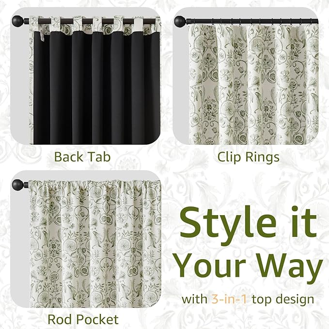 jinchan Floral Blackout Curtains for Bedroom Living Room 96 Inches Length Farmhouse Curtains Room Darkening Vintage Drapes Traditional Rod Pocket Window Treatment 2 Panels Set Sage Green on Beige