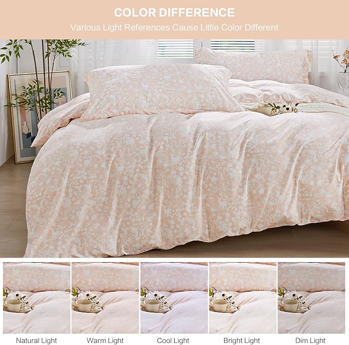 SAPHREAS Pink Botanical Plants Duvet Cover 3pcs Soft Microfiber White Floral Animal Printed Pattern Comforter Set with Zipper Ties King Size 1 Duvet Cover 2 Pillow Shams