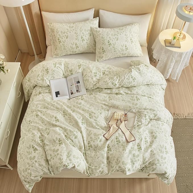 Vintage Boho Floral Duvet Cover Full Size White Green Floral Print Bedding Set Cotton Botanical Floral Comforter Cover Garden Flowers Aesthetic Bedding Cover Boho Style Duvet Cover with Zipper Ties