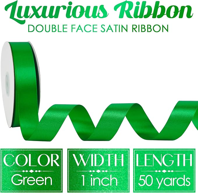 MEEDEE Emerald Ribbon 1 Inch Emerald Green Satin Ribbon Lux Double Faced Satin Ribbons by 50 Yards Polyester Green Wrapping Ribbons for Crafts, Wedding, Flower Bouquet, Holiday Decorating