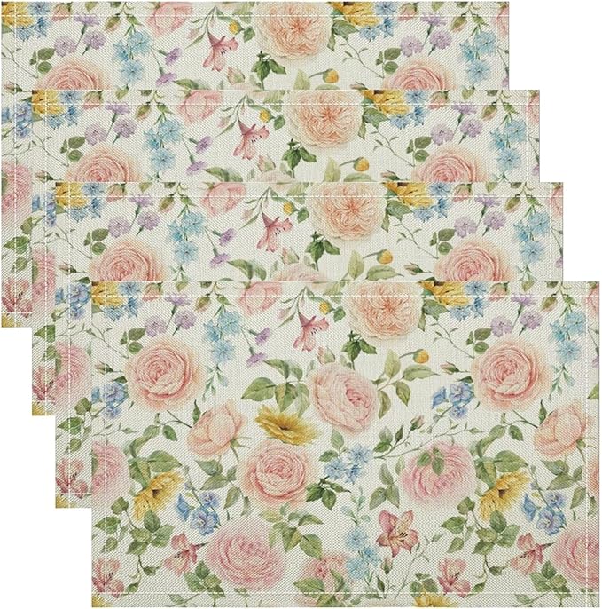 Colorful Floral Placemats Set of 4, 17x12 Inch Watercolor Spring Botanical Aesthetic Wildflower Nature Rustic Art Printed Table Mats for Home Party Kitchen Dining Decor