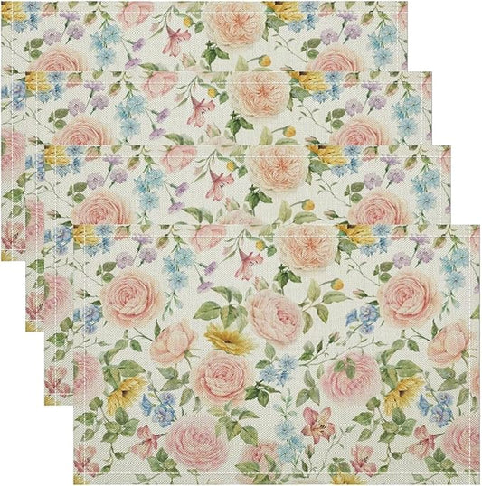 Colorful Floral Placemats Set of 8, 17x12 Inch Watercolor Spring Botanical Aesthetic Wildflower Nature Rustic Art Printed Table Mats for Home Party Kitchen Dining Decor