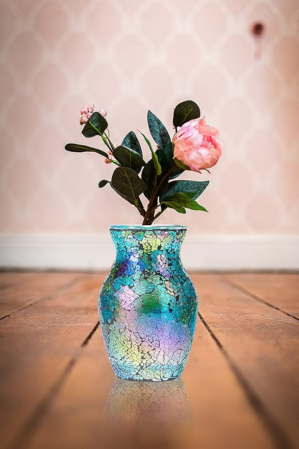 8" H Green Mosaic Glass Flower Vase,Decor Home Modern Midsize Mosaic Vase for Bedroom Livingroom Kitchen Office Wedding,Unique Gift