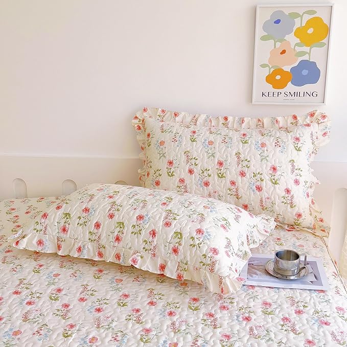 EAVD French Garden Style Ruffle Pink Flower Duvet Cover King Soft Cotton Shabby Chic Pink Flower Bedding Set with 2 Pillowcases Romantic Botanical Print Duvet Cover with Zipper Closure