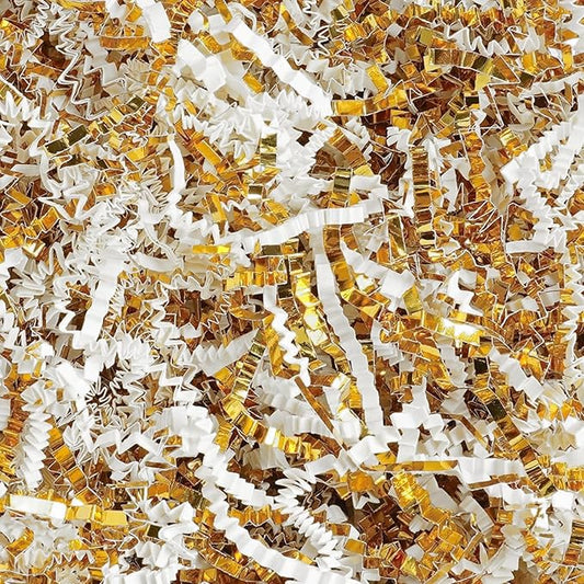 Uptotop 6oz Crinkle Cut Paper Shred Filler for Gift Wrapping Basket Filling, Birthday, Christmas, Thanksgiving, Wedding, Mother's Day (White and Gold)
