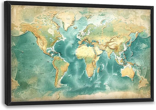 World Map Large Wall Art Framed Wall Decor for Living Room, Map Pictures Oversized Canvas Print Painting Modern Extra Large Framed Artwork for Bedroom Office Home Decor 36"x24"