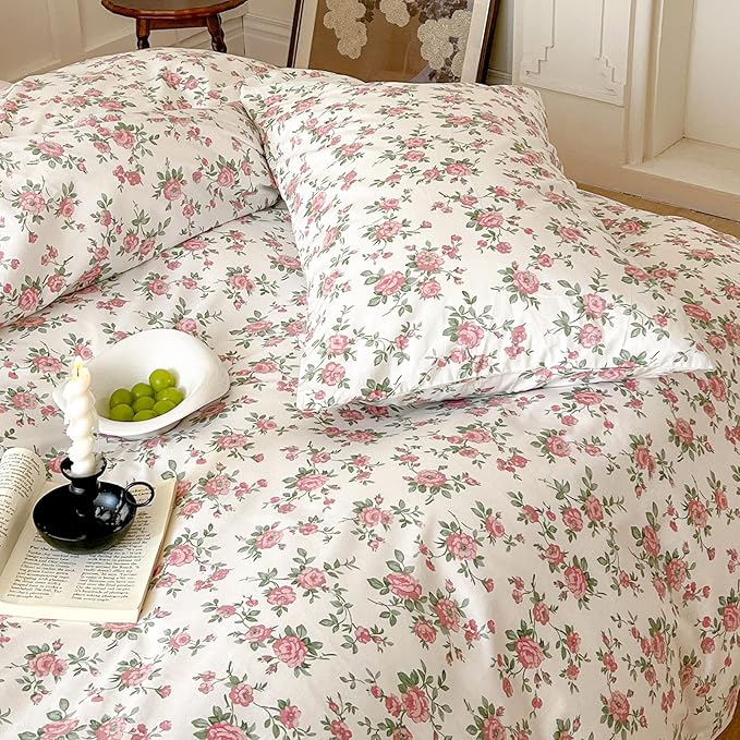HighBuy Full Size Comforter Set Girl Pink Floral Printed Bedding Comforter Set Bed Cooling Bedding Comforter Sets Cute Floral Comfy Comforter with 2 Pillowcases Full Size,Skin Friendly