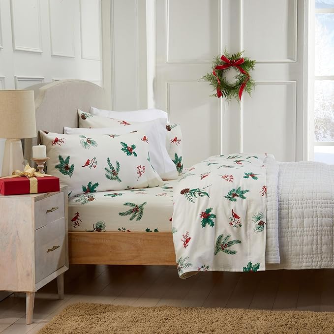 Market & Place 100% Cotton Queen Flannel Sheet Set | 4 Piece Deep Pocket Novelty Cozy Winter Bed Sheets | Double Brushed for Extra Softness & Comfort | Alpine Collection (Queen, Cardinal & Pine)
