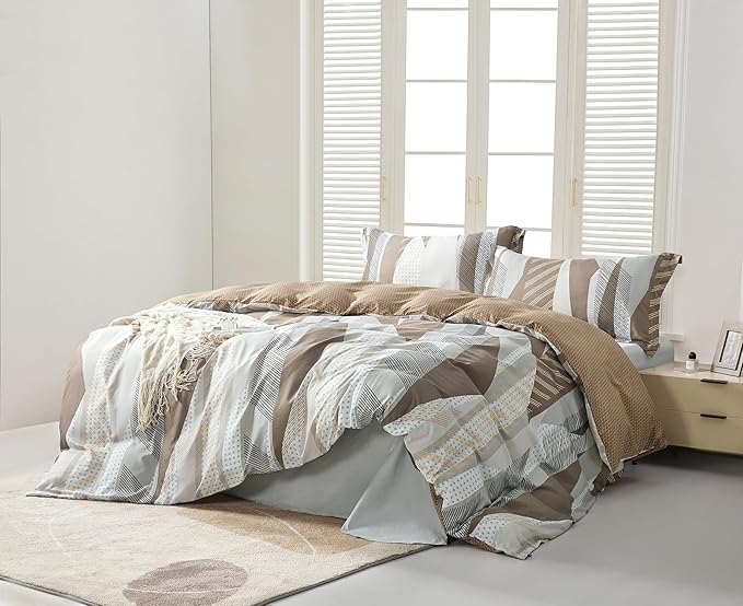 SAPHREAS Dot Stripes Geometric Pattern Duvet Cover Set King Size Microfiber Brown Khaki White Patchwork Bedding Comforter Cover Set 1 Duvet Cover 2 Pillow Shams