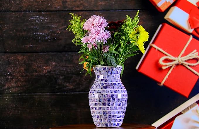 8" H Purple Mosaic Vase.Exquisite Craftsmanship.Decor Home Modern Midsize All Handmade Mosaic Vases .Beautiful Glass Vase for Home&Office Decor.Unique Gift